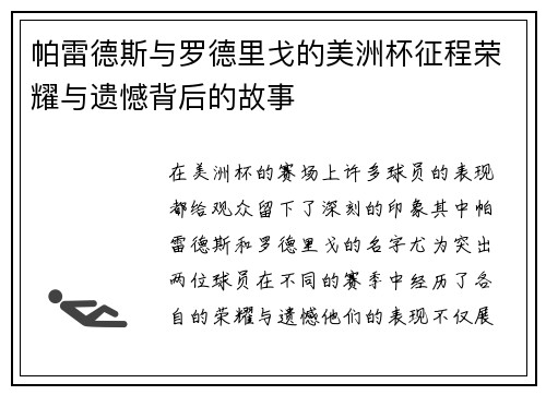 帕雷德斯与罗德里戈的美洲杯征程荣耀与遗憾背后的故事