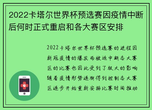 2022卡塔尔世界杯预选赛因疫情中断后何时正式重启和各大赛区安排